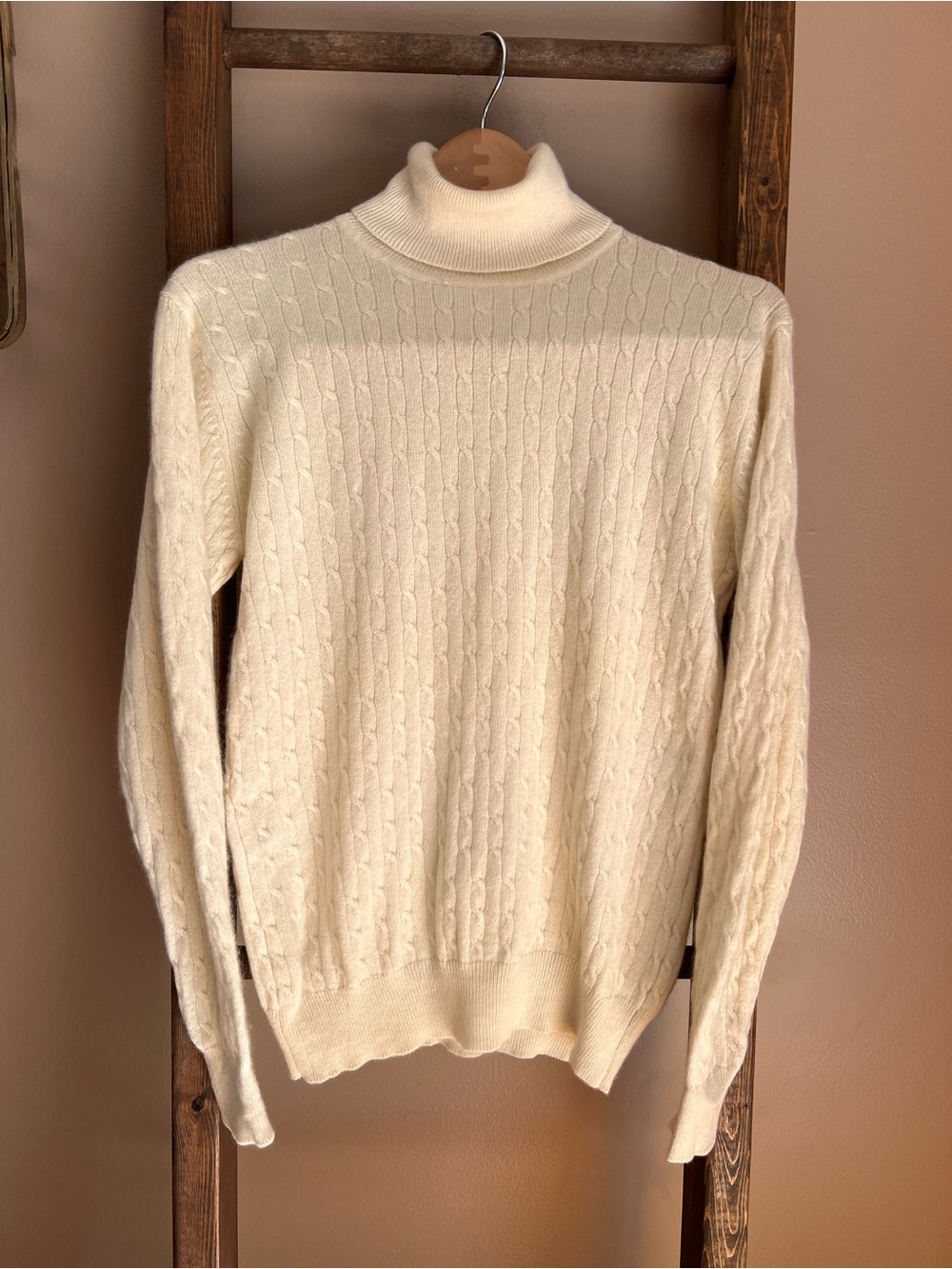 Lord & Taylor Cream Cable Knit 2 Ply Cashmere Turtleneck Sweater